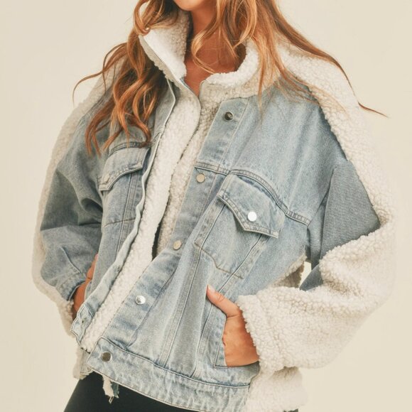 Fleece and Denim Combo Oversized Jacket - New, size Small - Picture 1 of 8